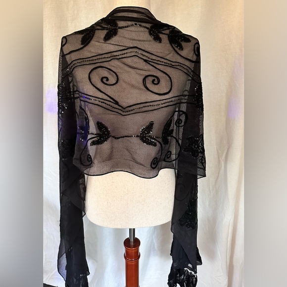 Beaded and Embroidered Black Lace Scarf/Shawl - Picture 9 of 16